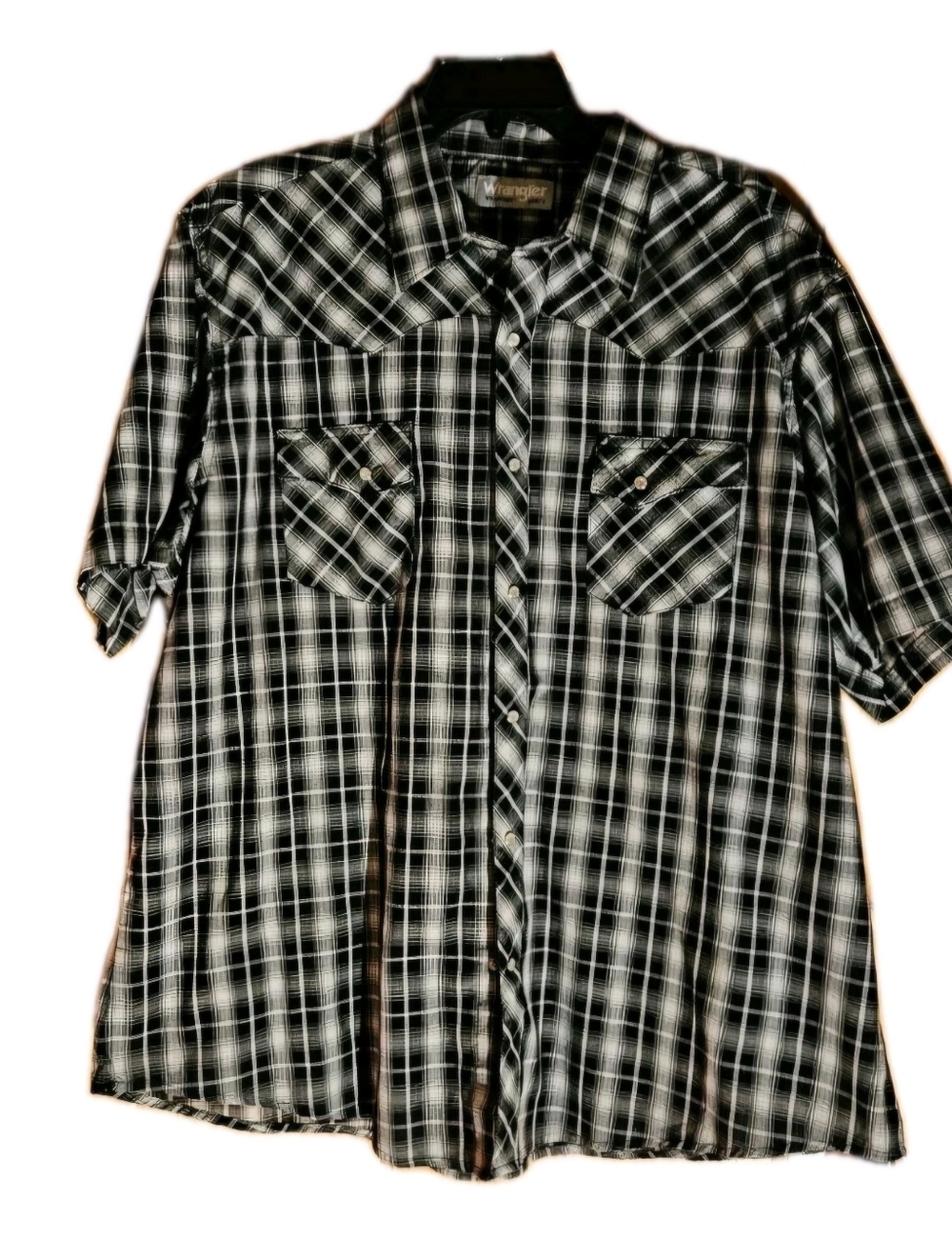 Wrangler Wrancher Men's Western Shirt Black White Plaid Pearl Snap Short Sleeve